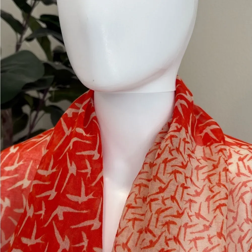 All Over Flying Bird Print Eternity Scarf Dark Orange & Ecru Lightweight Gauze